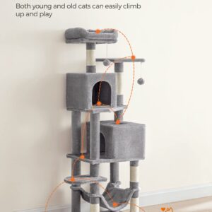 Feandrea Cat Tree, 61-Inch Cat Tower for Indoor Cats, Plush Multi-Level Cat Condo with 5 Scratching Posts, 2 Perches, 2 Caves, Hammock, 2 Pompoms, Light Gray UPCT192W01