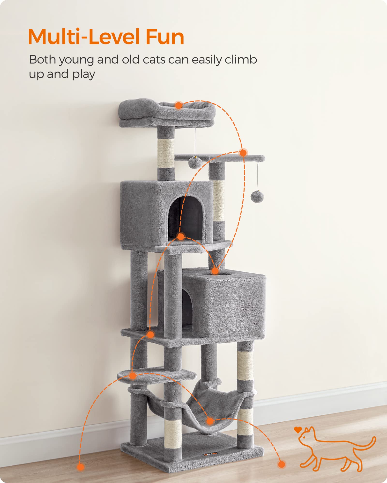 Feandrea Cat Tree, 61-Inch Cat Tower for Indoor Cats, Plush Multi-Level Cat Condo with 5 Scratching Posts, 2 Perches, 2 Caves, Hammock, 2 Pompoms, Light Gray UPCT192W01