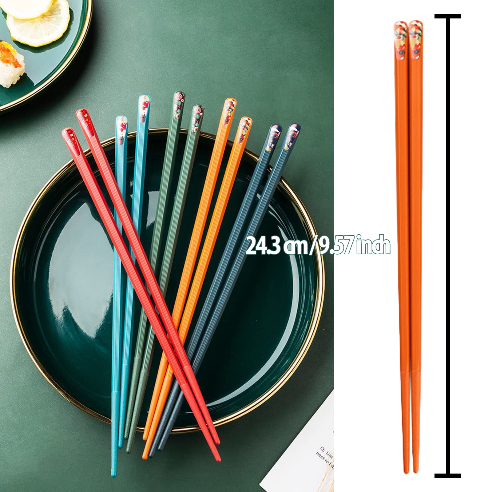 Japanese Style 5 Pairs Fiberglass Chopsticks-Reusable Chopsticks Dishwasher Safe, 9.57 inch/24.3cm Non-Slip Family/ Hotel/ Restaurant Chinese Chop Stick, Gift Set, Dark Green