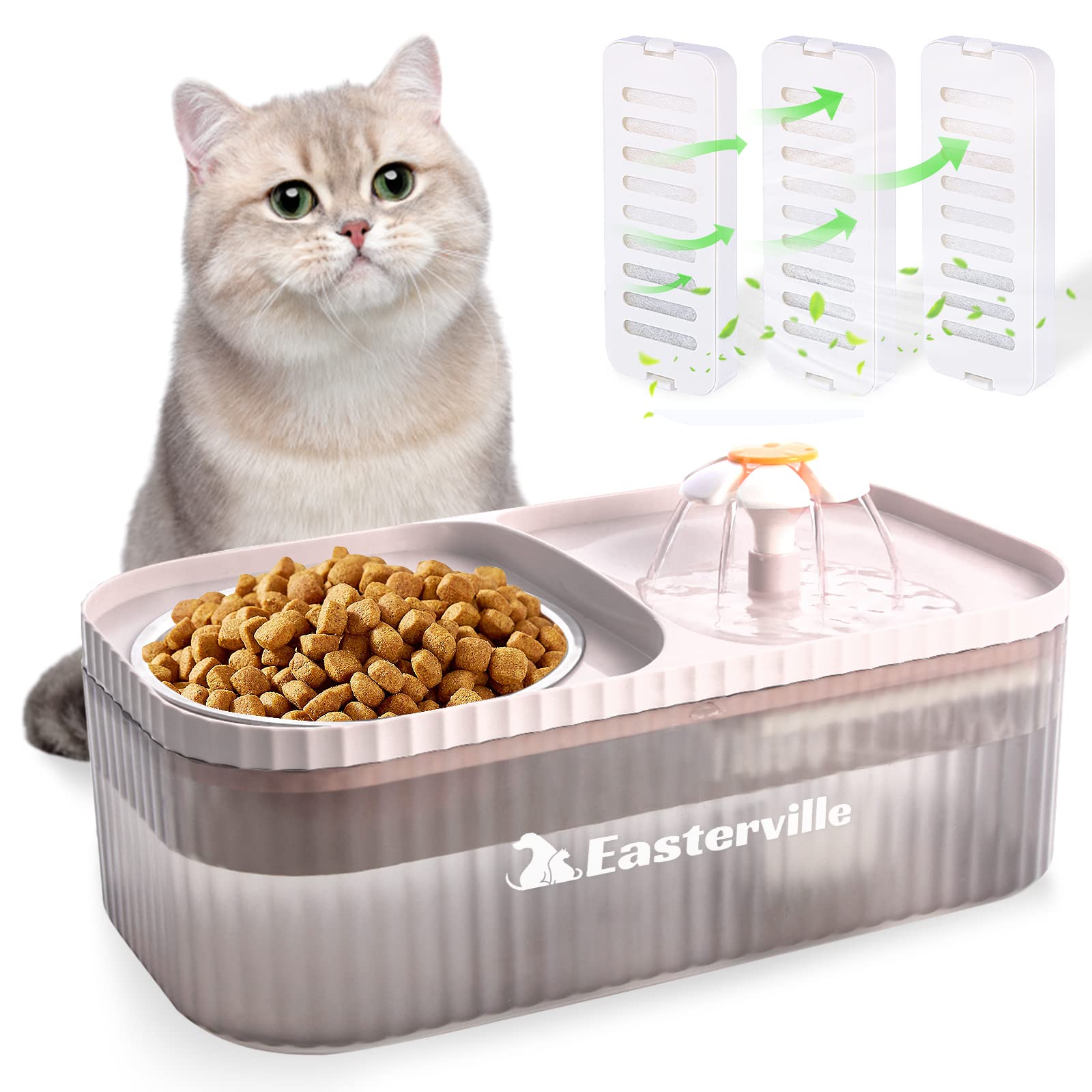 Easterville Water Fountain for Cats Inside, Ultra Quiet Cat Drinking Fountains with 3 Filters, Cat Fountain Water Bowl, Cat Feeding & Watering Supplies, Pet Water Dispenser & Stainless Steel Bowl