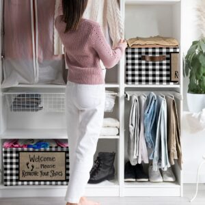 2 Pack Large Storage Baskets Bins Welcome Please Remove Your Shoes Collapsible Storage Box Laundry Organizer for Closet Shelf Nursery Kids Bedroom Rustic Black White Plaid