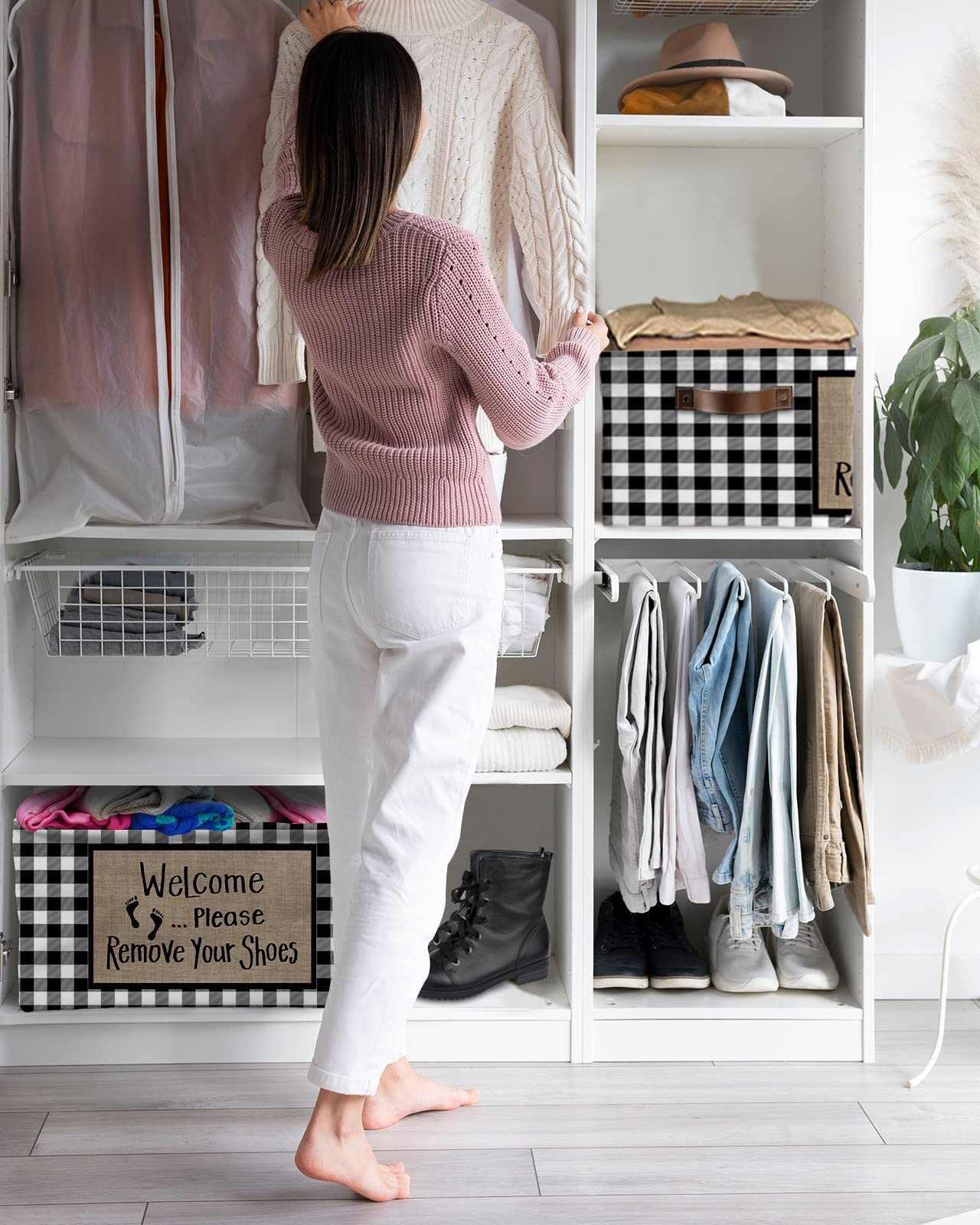 2 Pack Large Storage Baskets Bins Welcome Please Remove Your Shoes Collapsible Storage Box Laundry Organizer for Closet Shelf Nursery Kids Bedroom Rustic Black White Plaid