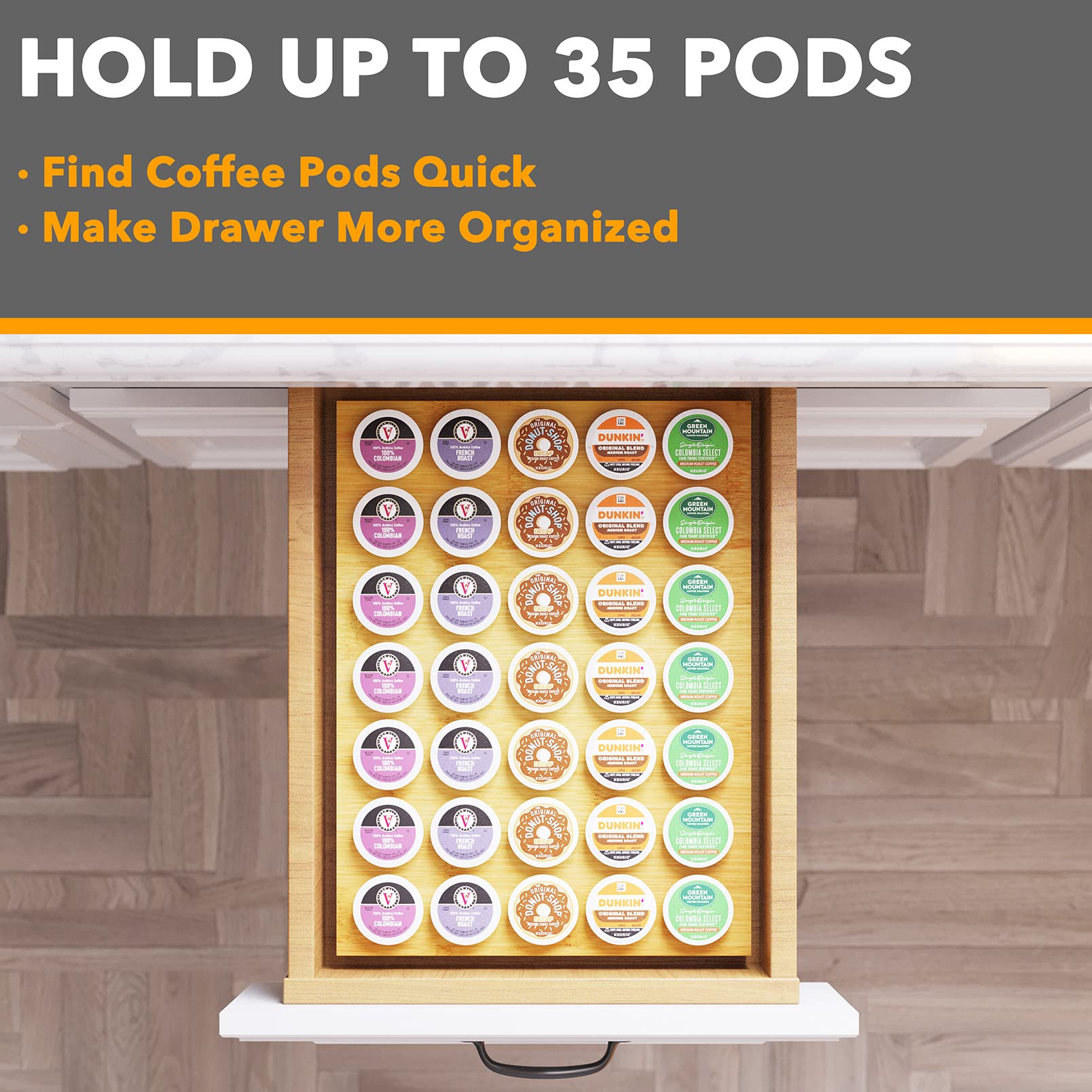 SpaceAid Bamboo K Cup Drawer Organizer Insert, Kitchen K Cups Coffee Pod Holder Tray Organizers for Kcup Coffee Station Drawer Storage Organization (35 Slots)