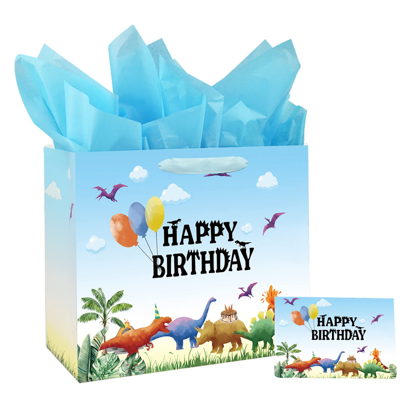 13" Large Watercolor Dinosaur Birthday Gift Bag for Boy Kids with Card and Tissue Papers