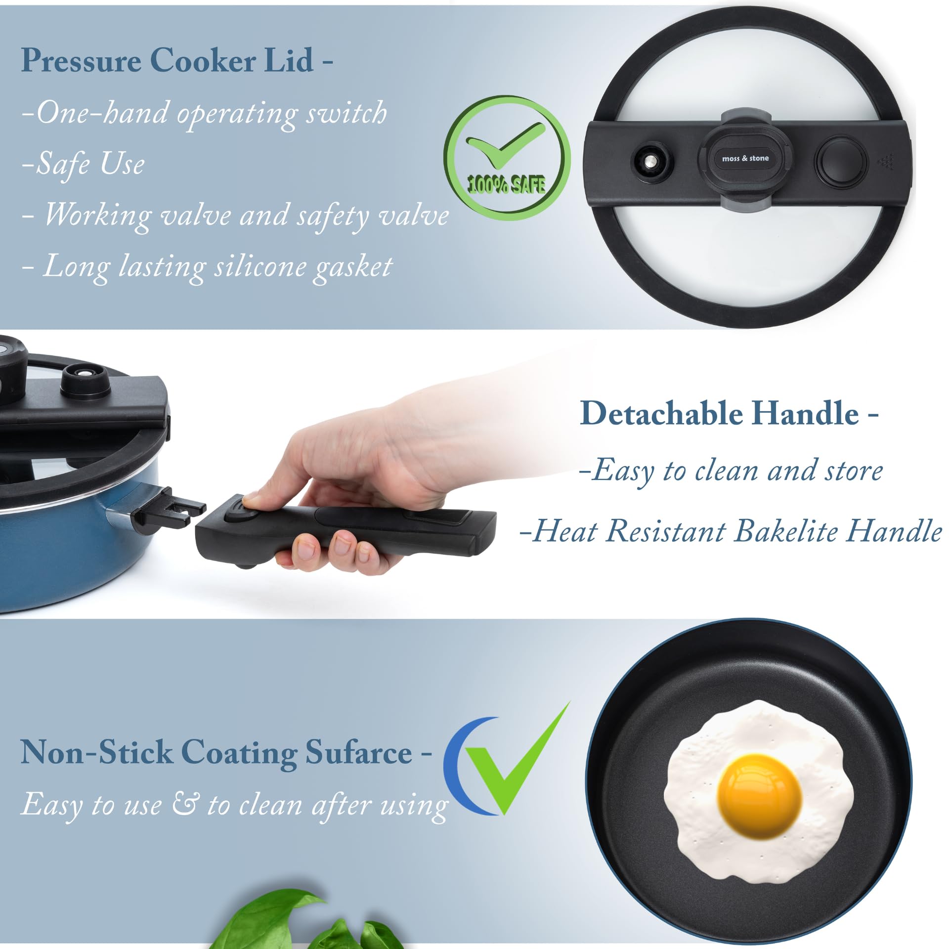 Moss & Stone 2.3 Quart Micro Pressure Cookware with Detachable Handle And One-Hand Operating Glass Lid, Pressure Canner Stovetop & Induction Cookware, Micro-Pressure Cooking Pot Nonstick