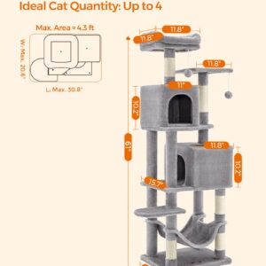 Feandrea Cat Tree, 61-Inch Cat Tower for Indoor Cats, Plush Multi-Level Cat Condo with 5 Scratching Posts, 2 Perches, 2 Caves, Hammock, 2 Pompoms, Light Gray UPCT192W01