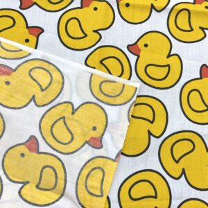 AMORNPHAN 44 Inch Yellow Bird Happy Rubber Duck Printed On White Cotton Fabric Themed Pattern with Ducks for Craft Cloth Kid Patchwork Handmade Sewing Crafting for 1 Yard