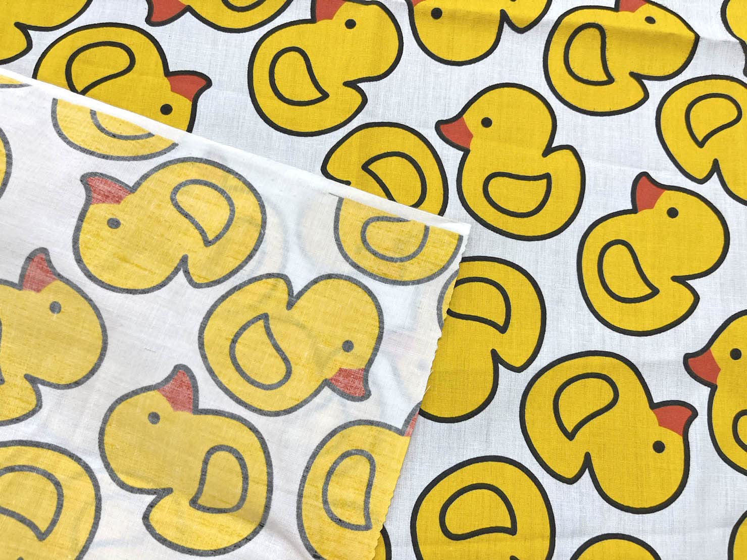 AMORNPHAN 44 Inch Yellow Bird Happy Rubber Duck Printed On White Cotton Fabric Themed Pattern with Ducks for Craft Cloth Kid Patchwork Handmade Sewing Crafting for 1 Yard