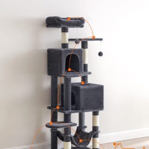 Feandrea Cat Tree, 61-Inch Cat Tower for Indoor Cats, Plush Multi-Level Cat Condo with 5 Scratching Posts, 2 Perches, 2 Caves, Hammock, 2 Pompoms, Smoky Gray UPCT192G01