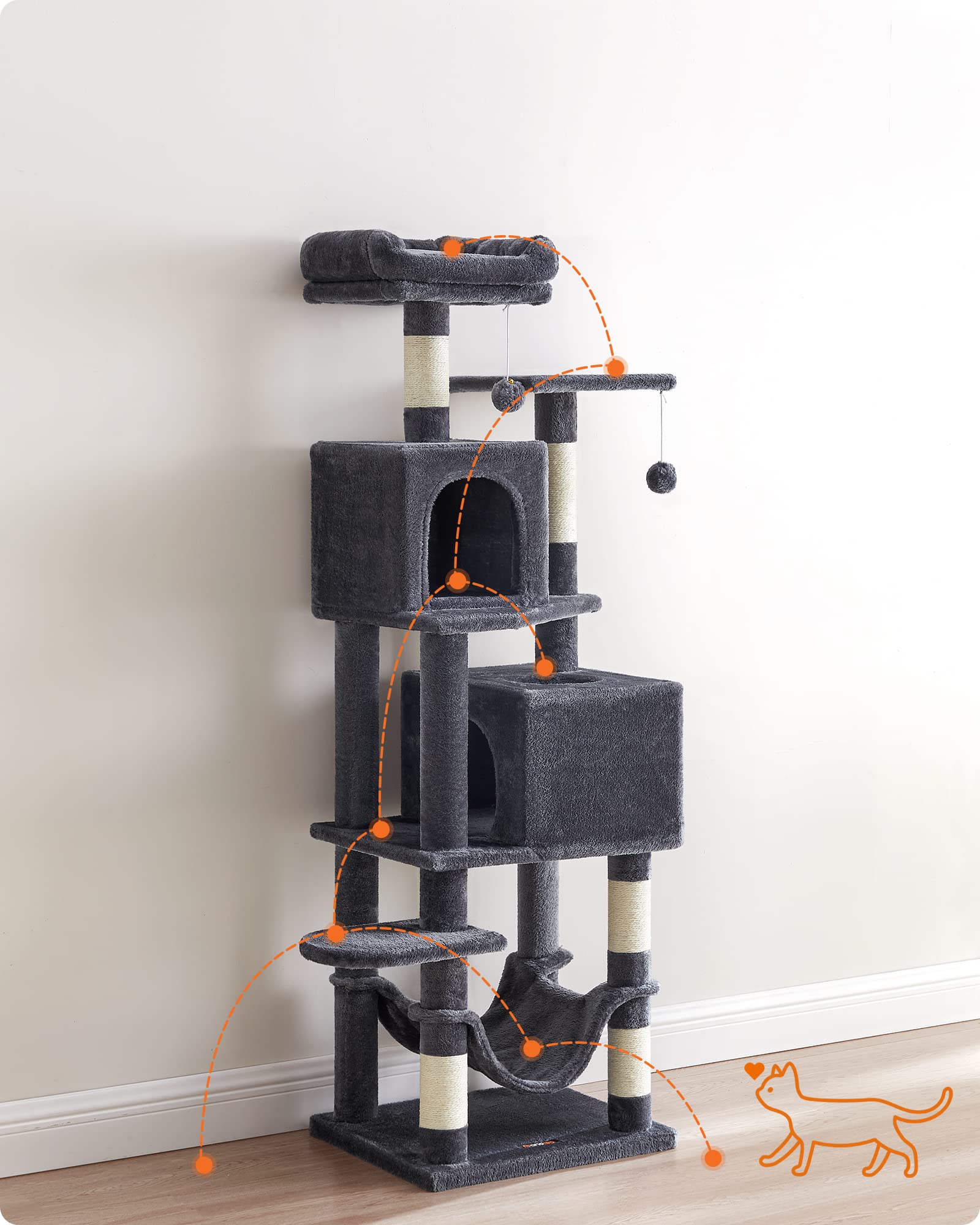 Feandrea Cat Tree, 61-Inch Cat Tower for Indoor Cats, Plush Multi-Level Cat Condo with 5 Scratching Posts, 2 Perches, 2 Caves, Hammock, 2 Pompoms, Smoky Gray UPCT192G01