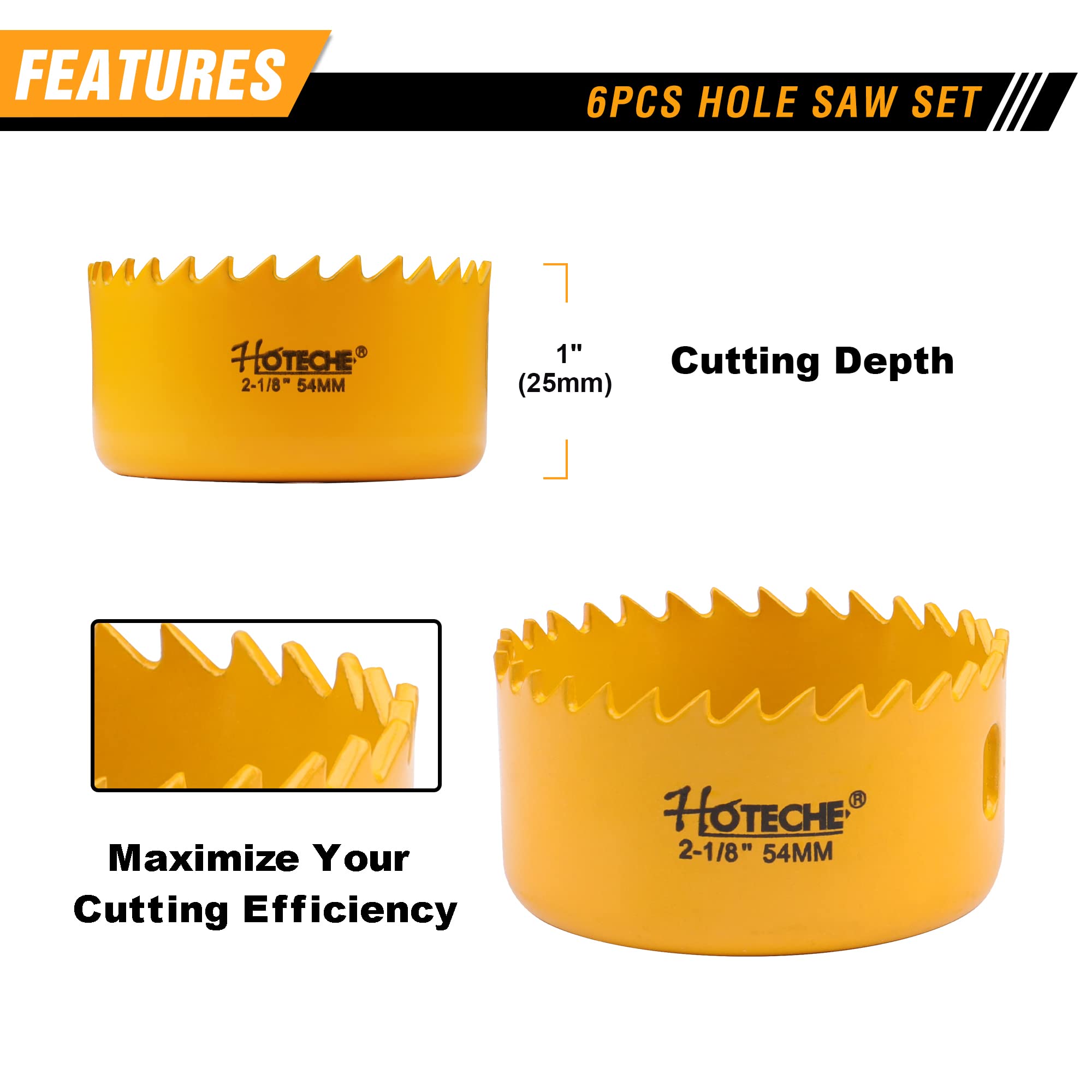 Hoteche 6-Piece Hole Saw Set - Versatile Hole Cutter Kit for Wood, Plastic, and Fiberboard - Clean, Accurate Cuts with Arbor Hole Drill - Compatible with Hand Drills, Drill Presses, and Rotary Tools