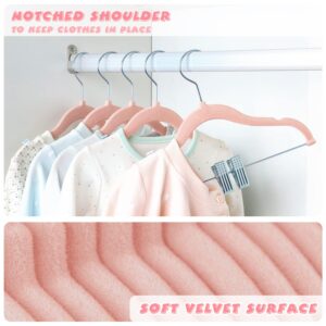 ManGotree 11.8'' Baby Velvet Hangers with Movable Clips, Non-Slip Kids Clothes Hangers, Ultra-Thin Space-Saving Children's Felt Hangers for Shirts, Pants, Dresses, Skirts, Jackets (16 Pack, Pink)