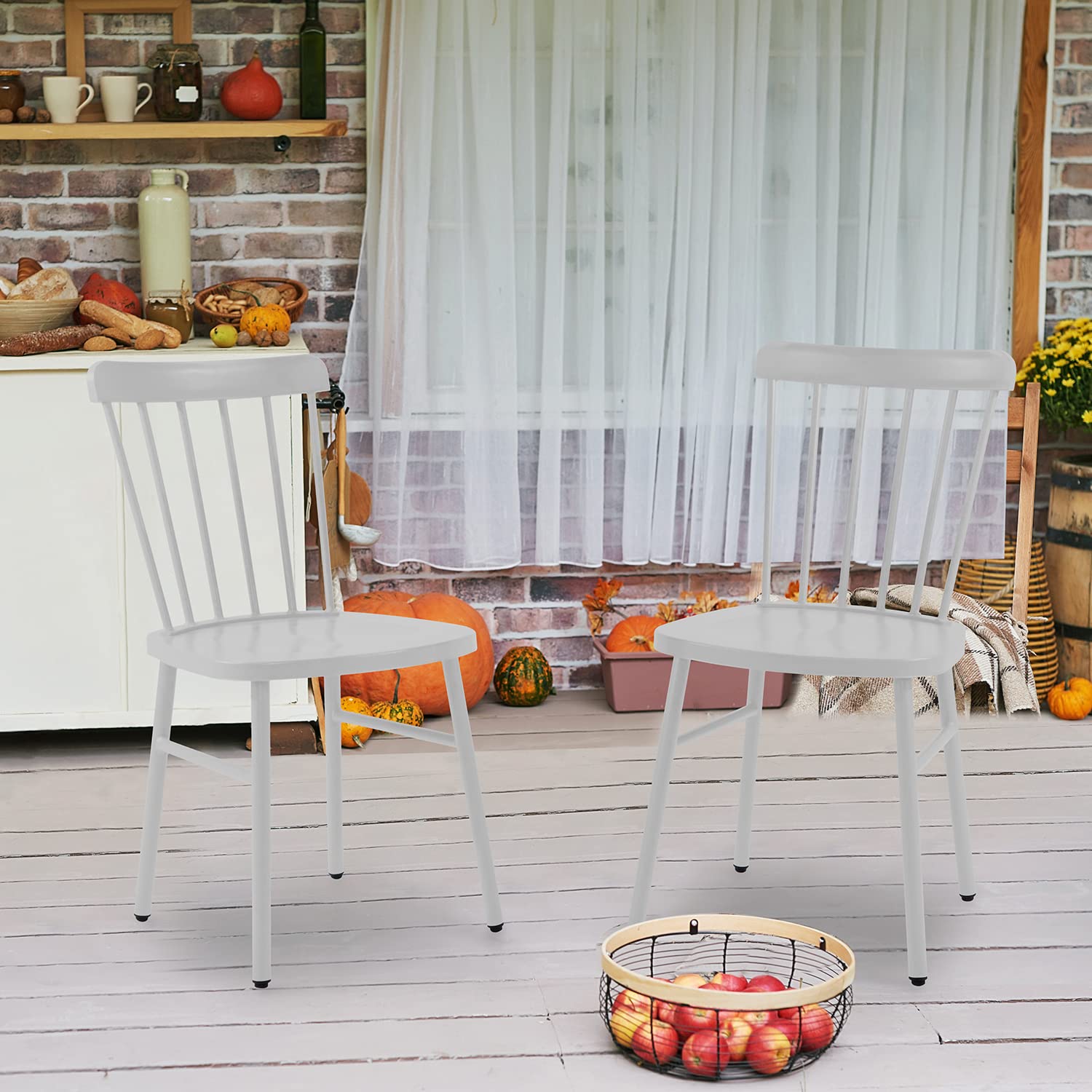 Anmutig White Metal Patio Dining Chairs Set of 2 Indoor/Outdoor Windsor Chairs Farmhouse Spindle Back, Modern Mid-Century Country Style, Kitchen Side Chairs for Living Room Restaurant, Widen Seat