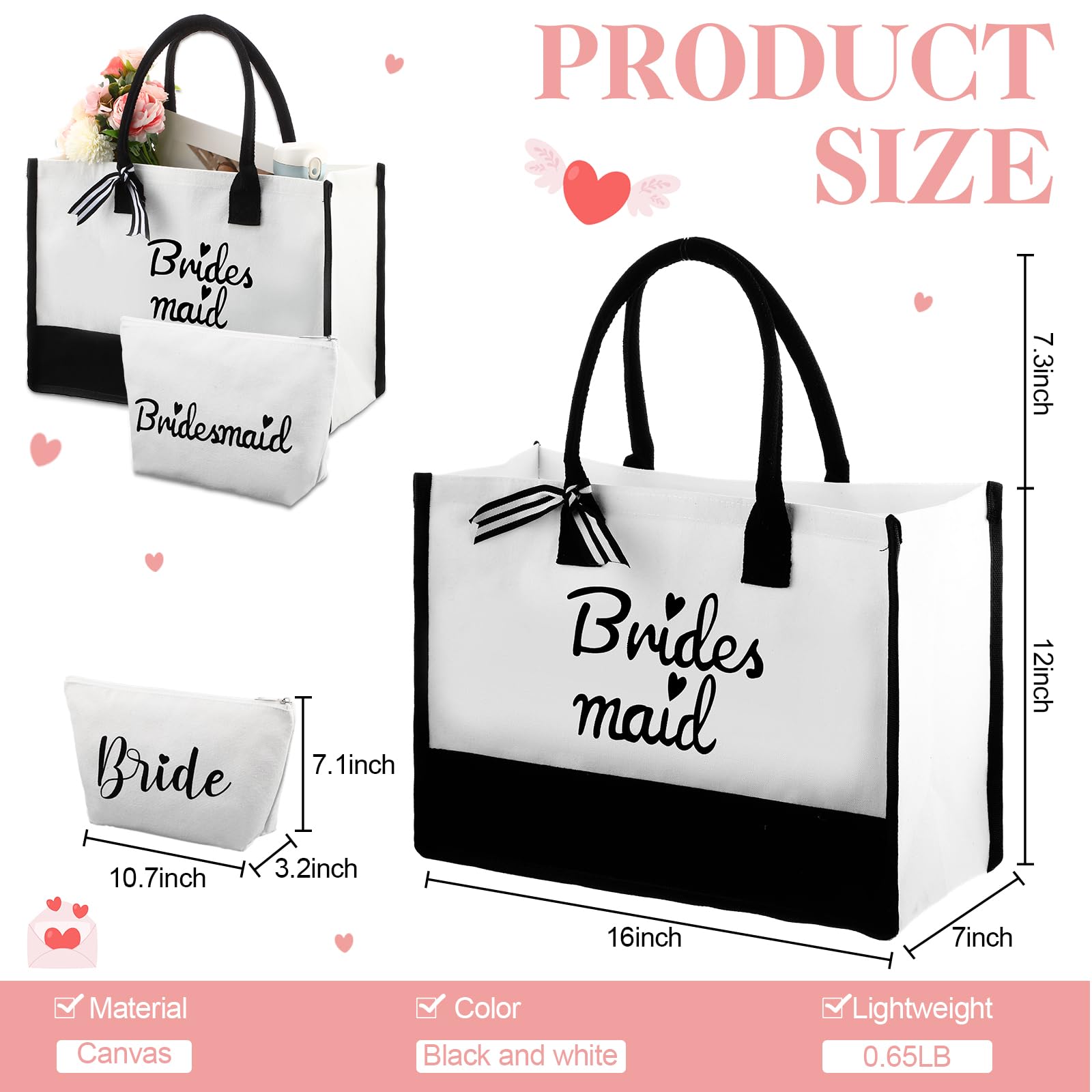 Chunful 8 Pcs Bride Bridesmaids Gift Bag 16" x 12" x 7" Canvas Tote Bags with 8 Pcs Bride Bridesmaids Makeup Bag for Wedding Favor Bachelorette Bridal Shower Party Team Bride