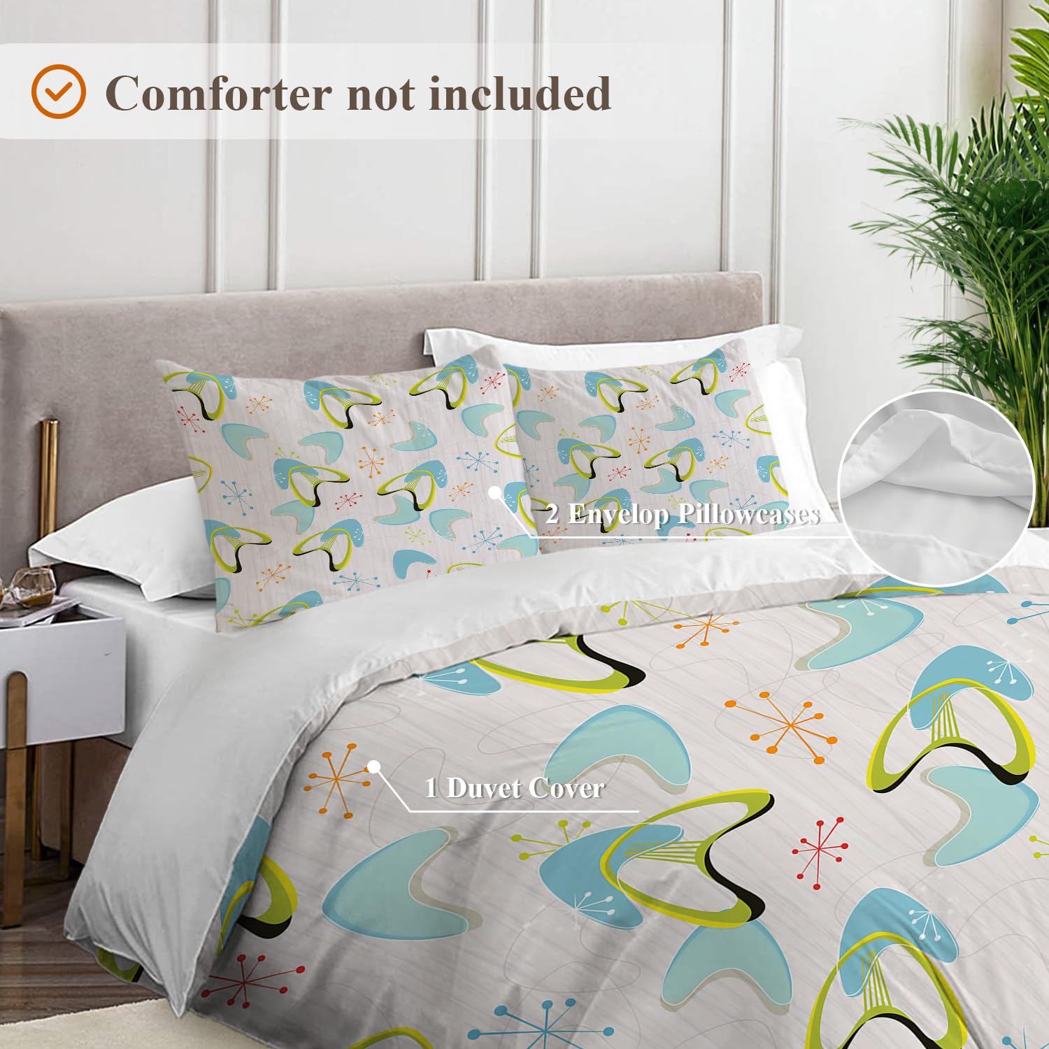 Shrahala Retro Modern Stars Duvet Cover Set King Size, Atomic Boomerang Midcentury Dots Stripes 3 Pieces Soft Brushed Duvet Covers with Button Closure, 100% Cotton (No Comforter)