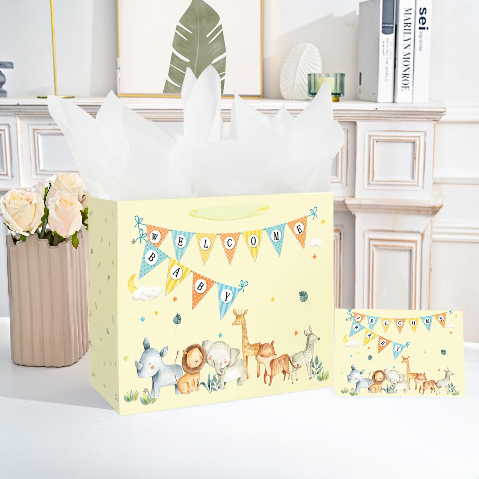 13" Large Baby Boy Girl Gift Bag for Baby Shower with Tissue Paper and Greeting Card (Yellow)