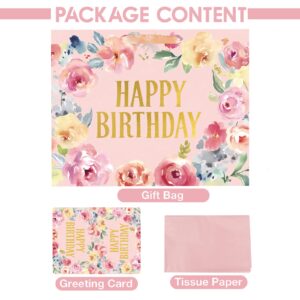 13" Large Happy Birthday Gift Bag with Card and Tissue Papers for Women Girls Floral Design with Handles