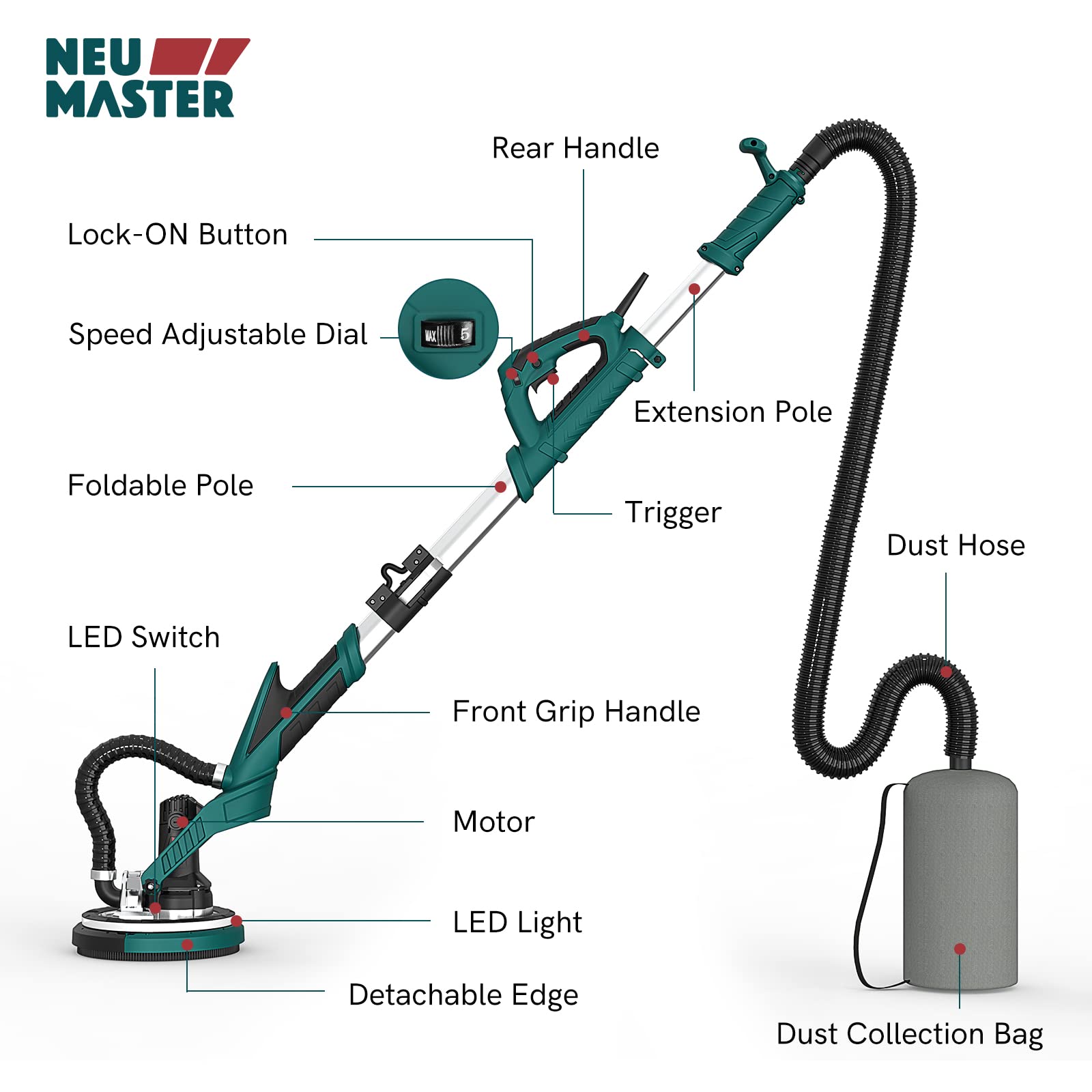 NEU MASTER Drywall Sander, Electric Drywall Sander Variable Speed Pole Sander with Vacuum, 900-1800RPM Foldable Ceiling Sander with 12 Sanding Discs, LED Light, Extendable Handle, Dust Bag and Hose