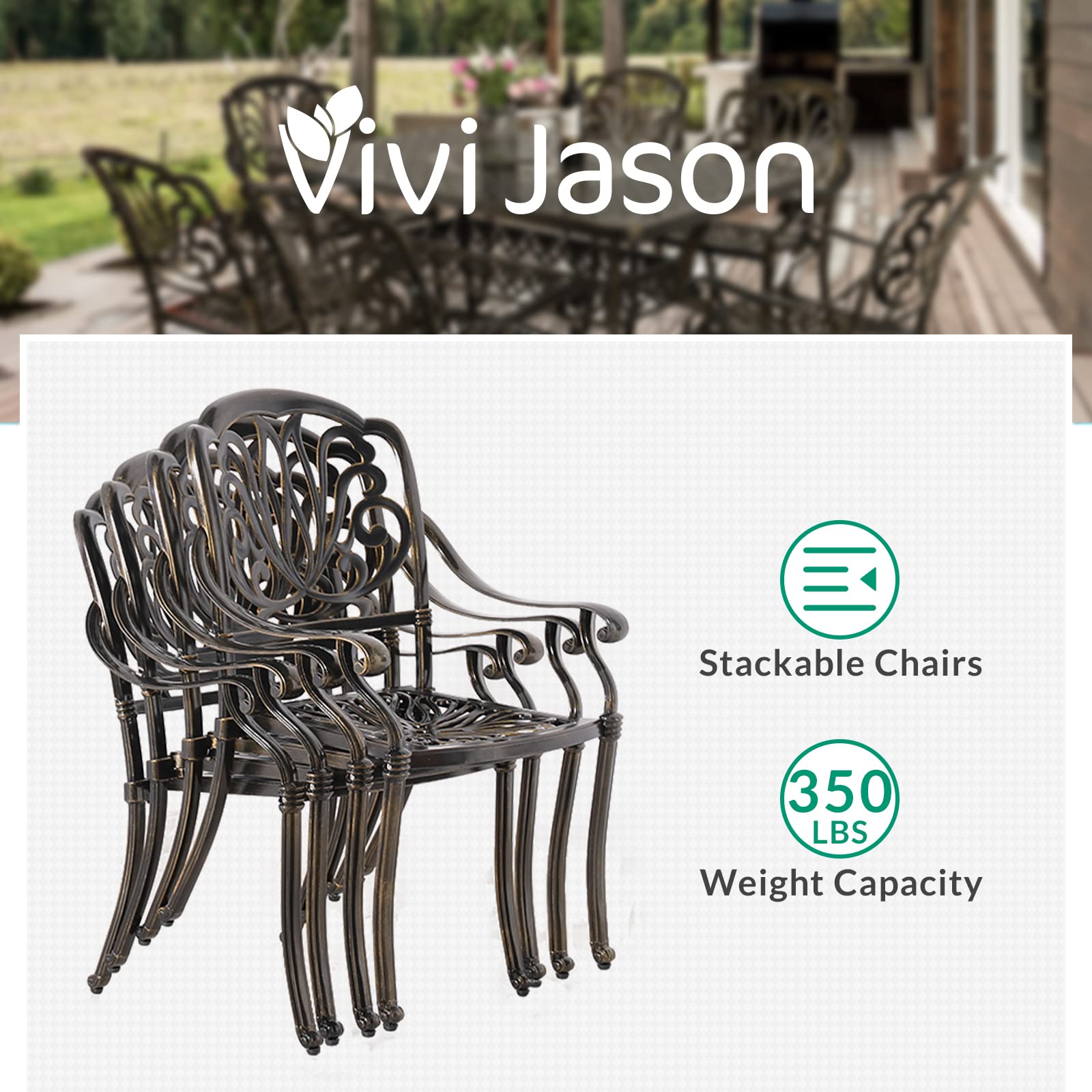 VIVIJASON 9-Piece Outdoor Furniture Dining Set, All-Weather Cast Aluminum Patio Conversation Set, Include 8 Cushioned Chairs and an Oval Table with Umbrella Hole for Balcony Lawn Garden Backyard