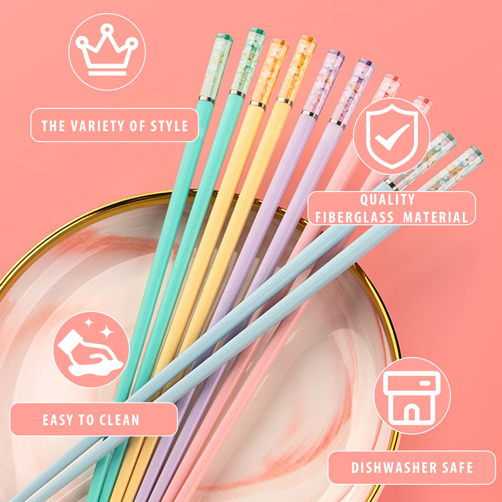 Chopsticks Reusable Dishwasher Safe, 9.63 inch/24.3cm Fiberglass Non-Slip Chop Sticks, Chinese/Japanese Chop Sticks for beginners, Sakura Chopsticks Colorful- 5 Pairs