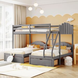 bellemave triple bunk beds full over two twin bunk bed with storage drawers velvet upholstered 3 beds bunk bed for adults kids teens boys girls, gray