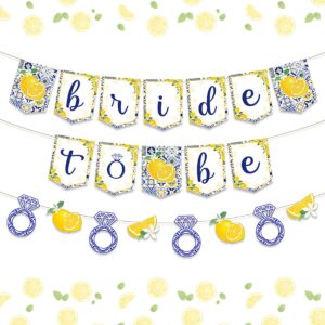 lemon bridal shower decorations - yellow and blue bride to be banner, lemon and diamond ring garland, fruit lemon theme bachelorette party decorations