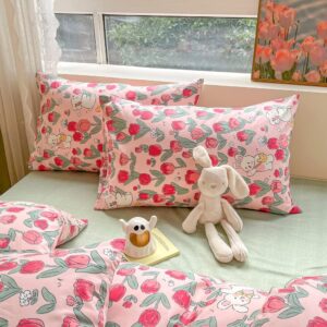 LIWHENHAO Rabbit Duvet Cover Set Queen 100% Cotton Bedding Cartoon White Bunny Red Flower on Pink 1 Cute Comforter Cover Full Zipper Closure 2 Pillowcases for Kids Girls Boys Woman