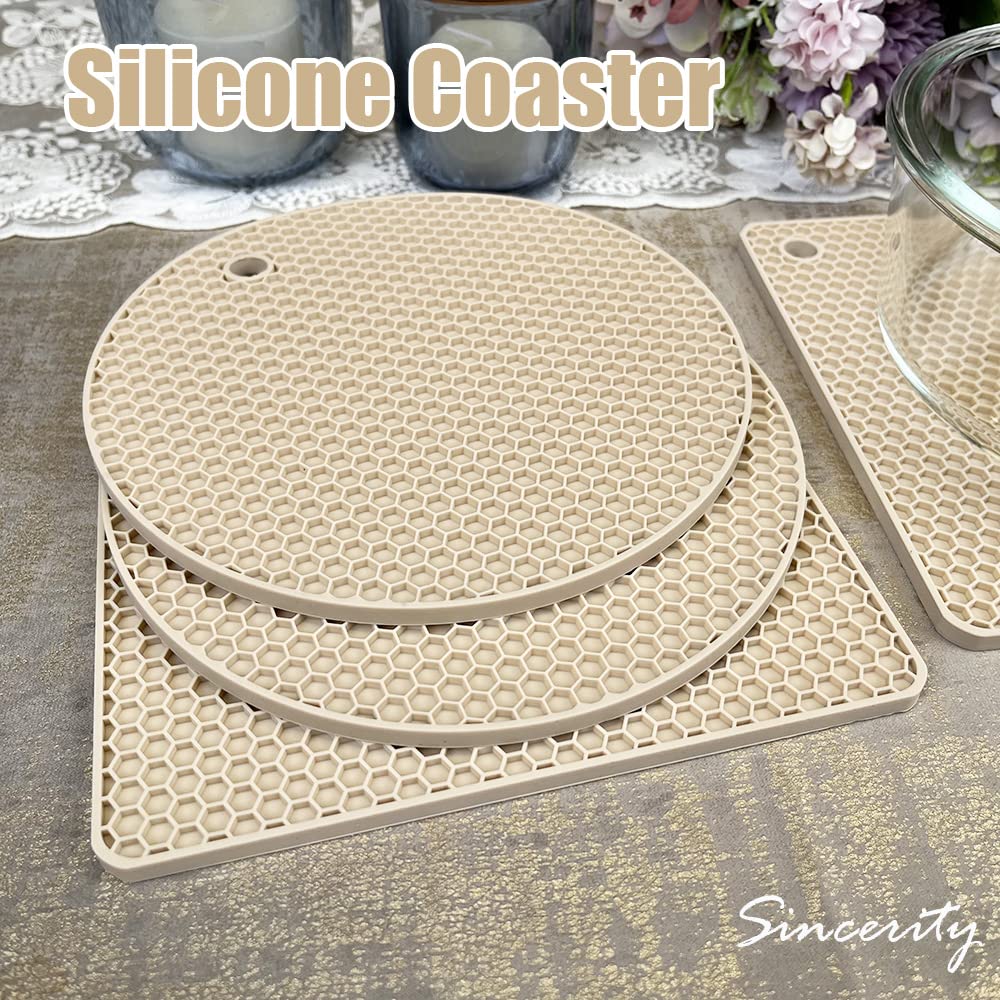 4 Pieces Silicone Trivet Mats, Hot Pot Holders, Kitchen Tools, Heat Resistant Non Slip Durable Pads for Hot Dishes Bowls, Jar Opener, Easy to Wash and Dry Hot Pan Cushions (Beige)