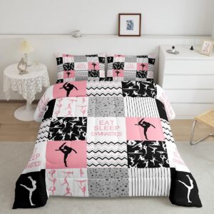 gymnastics girls comforter set twin size pink black geometric plaid bedding set 2pcs for kids women gymnast youth bedroom sports dancing quilt set modern stripes duvet insert,1 pillowcase