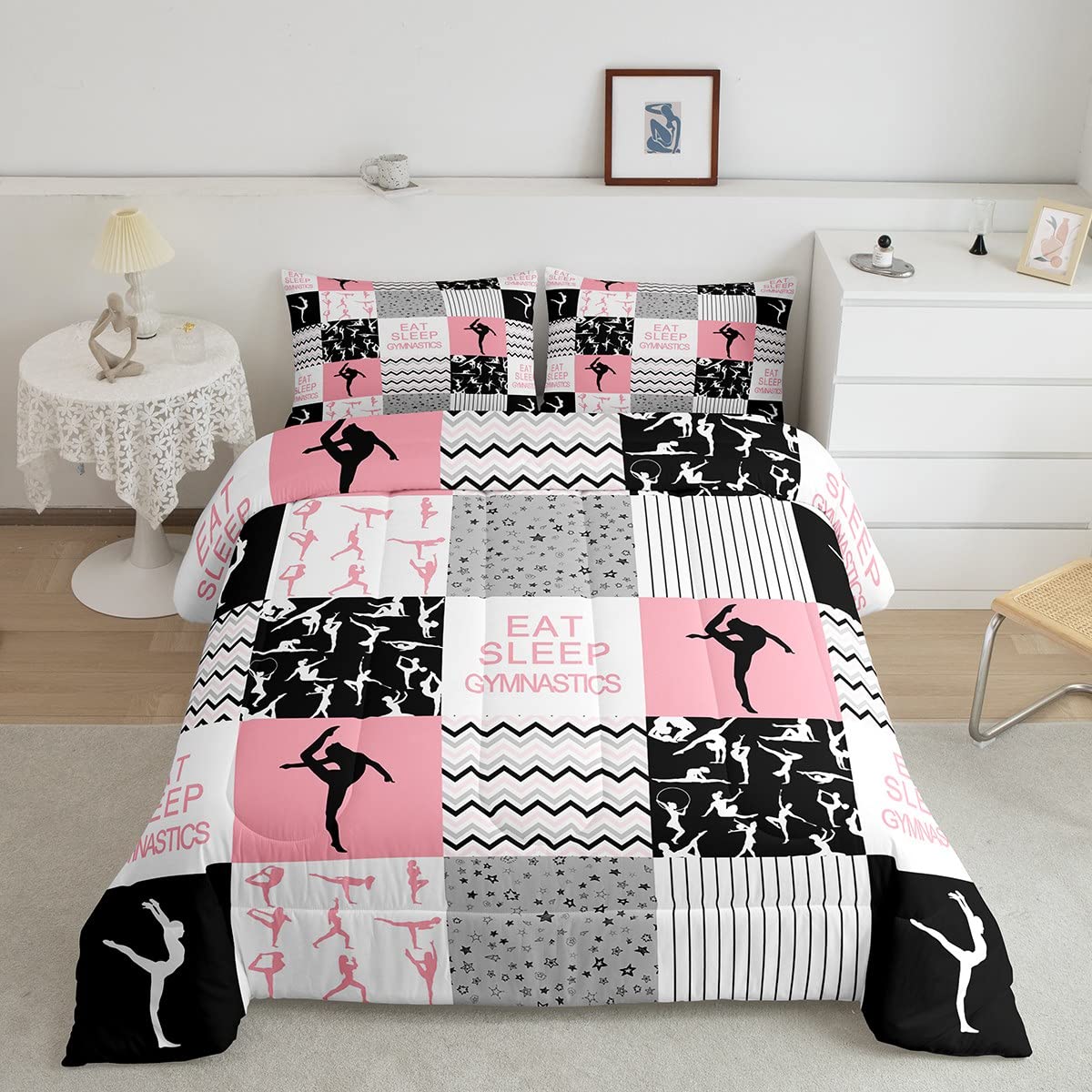 Gymnastics Girls Comforter Set Twin Size Pink Black Geometric Plaid Bedding Set 2pcs for Kids Women Gymnast Youth Bedroom Sports Dancing Quilt Set Modern Stripes Duvet Insert,1 Pillowcase