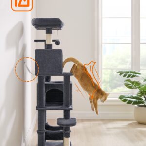 Feandrea Cat Tree, 61-Inch Cat Tower for Indoor Cats, Plush Multi-Level Cat Condo with 5 Scratching Posts, 2 Perches, 2 Caves, Hammock, 2 Pompoms, Smoky Gray UPCT192G01