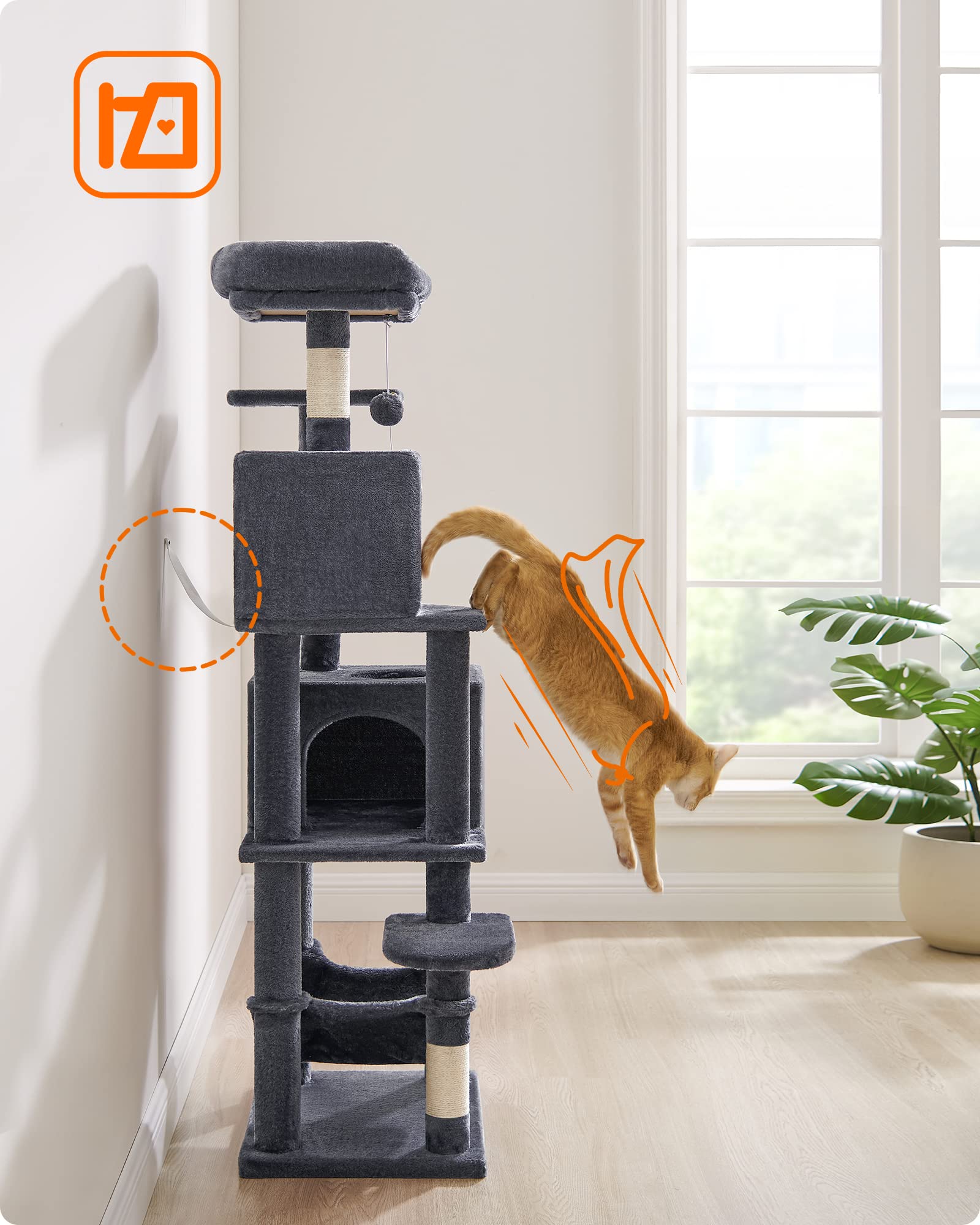 Feandrea Cat Tree, 61-Inch Cat Tower for Indoor Cats, Plush Multi-Level Cat Condo with 5 Scratching Posts, 2 Perches, 2 Caves, Hammock, 2 Pompoms, Smoky Gray UPCT192G01