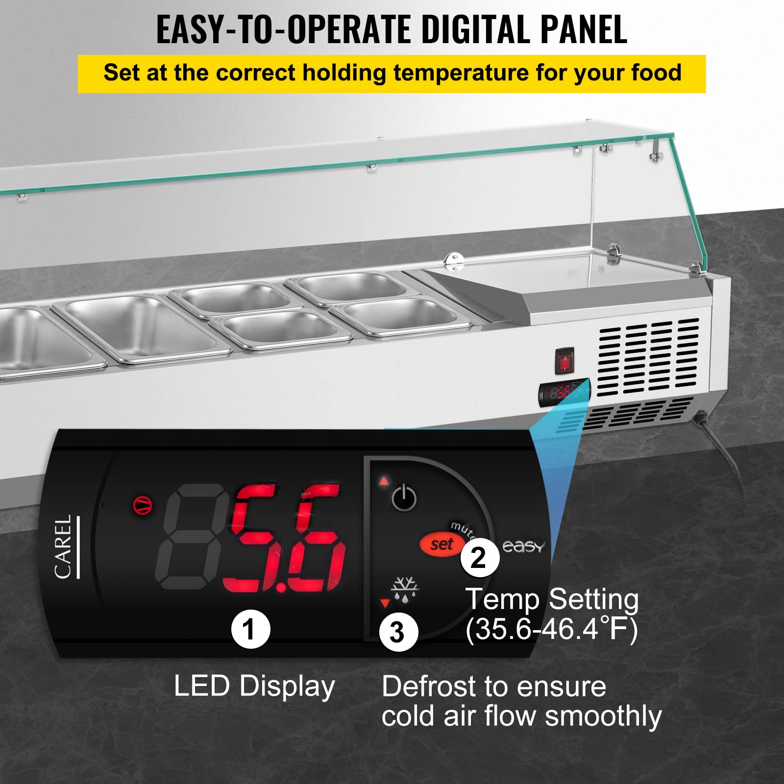 VEVOR Refrigerated Condiment Prep Station, 48-Inch, 10.8Qt Sandwich Prep Table with 2 1/3 Pans & 4 1/6 Pans, 146W Salad Bar with 304 Stainless Body Tempered Glass Shield Digital Temp Display Auto Defr