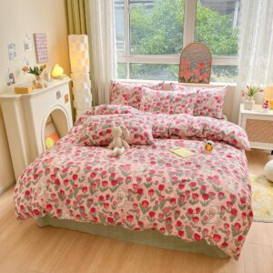 LIWHENHAO Rabbit Duvet Cover Set Queen 100% Cotton Bedding Cartoon White Bunny Red Flower on Pink 1 Cute Comforter Cover Full Zipper Closure 2 Pillowcases for Kids Girls Boys Woman