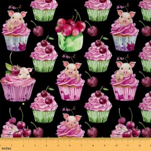 colorful cakes fabric by the yard watercolor cherry rose cute pig decor fabric for kids teens girls sweet fruit dessert tea time theme fabric for bed outdoor indoor diy projects 1 yard