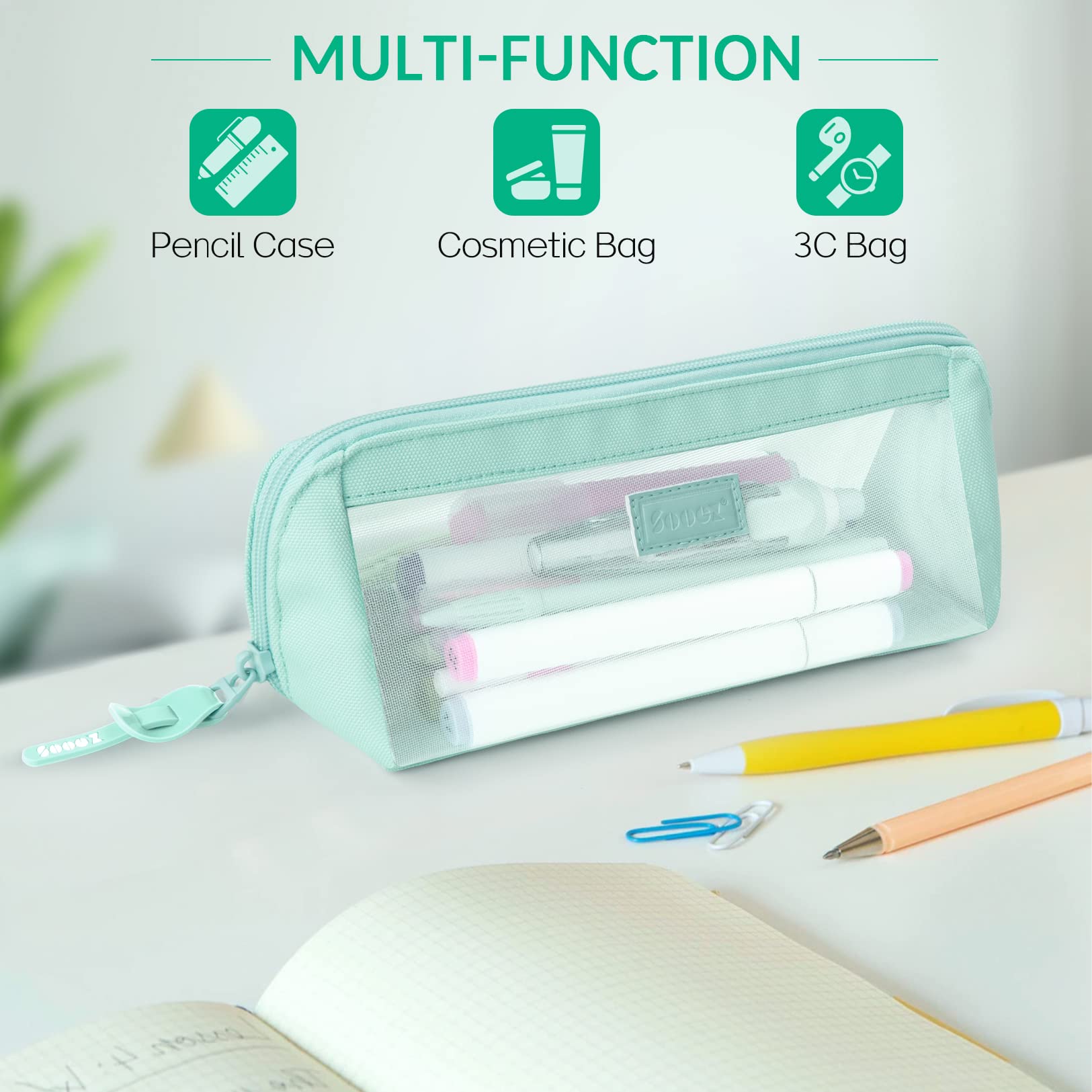 Sooez Large Grid Mesh Pencil Case, Big Capacity Clear Pencil Pouch Pen Bag with Zipper, Cute Stationery Organizer Transparent Makeup Bag for Adult Girls Boys Office School Supplies, Mint Green