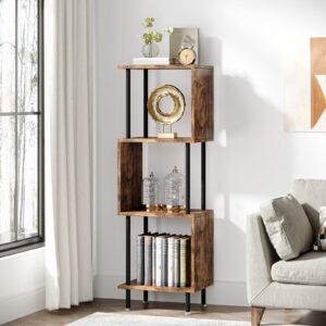 Hosfais 4 Tier Modern Bookshelf, S-Shaped Bookcase,Small Book Shelf for Small Spaces, Unique Bookshelf for Storage Organizer Living Room Bedroom Home Office, Brown