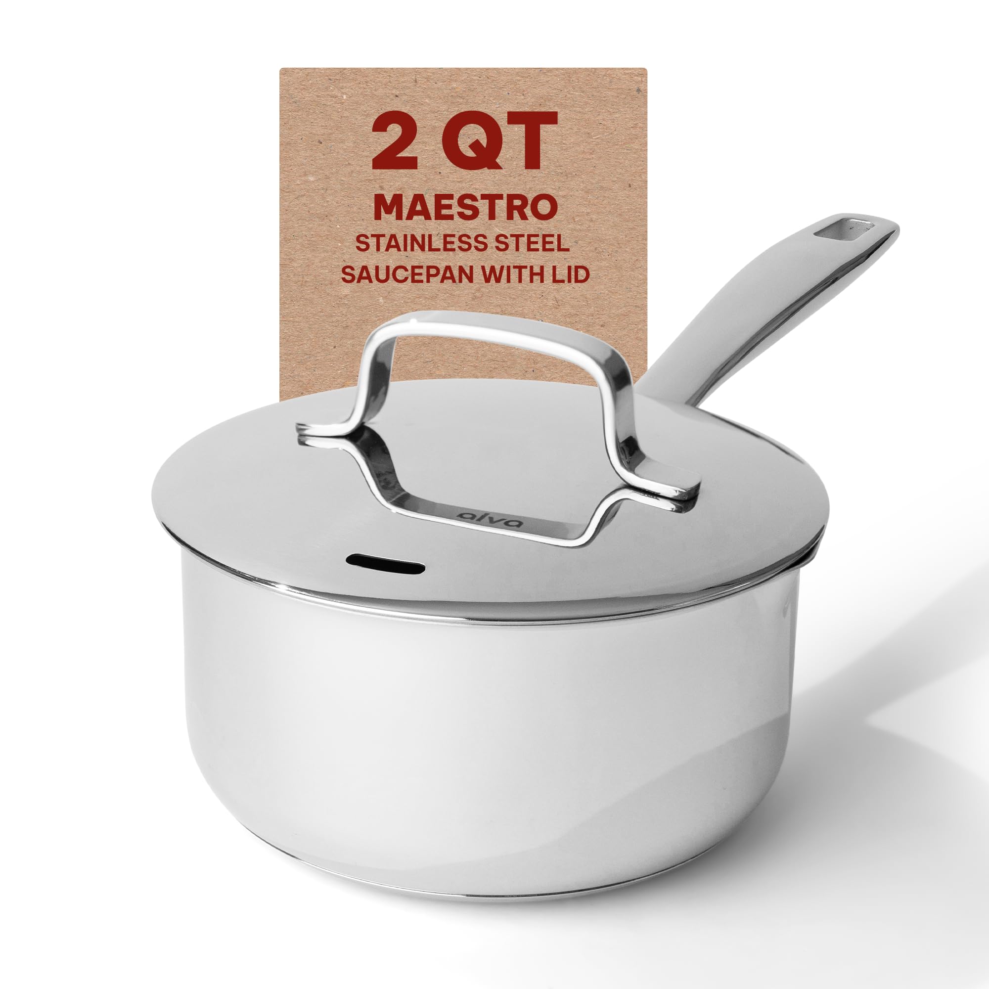 Alva Maestro Stainless Steel Saucepan with Lid Non Toxic Induction Compatible 2 Qt 6.3" PFAS, PFOA & PFTE Free, for Cooking Pan Set, Induction Safe, Add to Your Pots and Pans Set Cookware