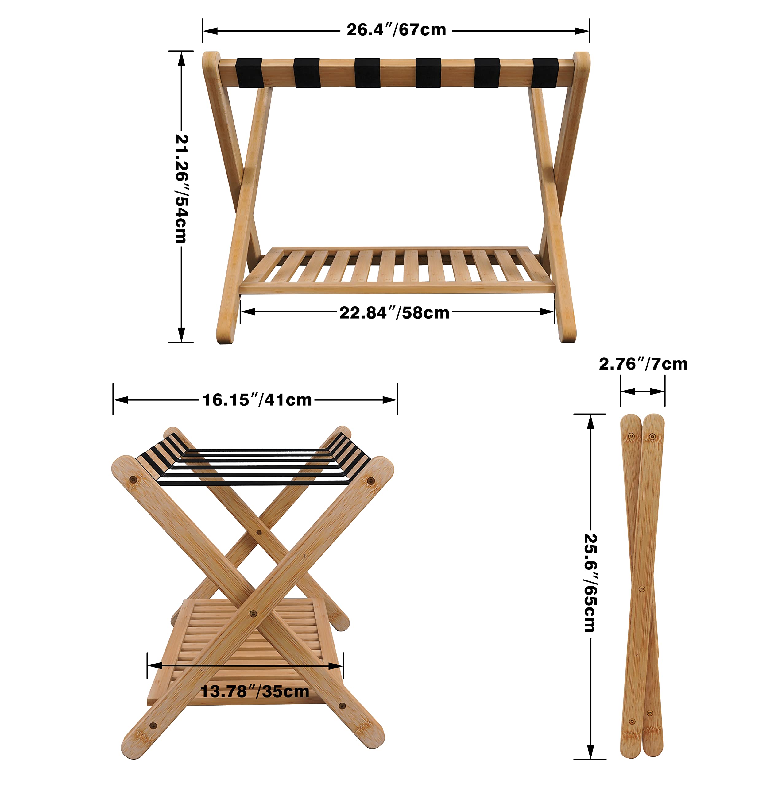 SMIBUY Luggage Rack, Foldable Bamboo Suitcase Stand with Storage Shelf for Guest Room, Bedroom, Hotel, Heavy-Duty, 1 Pack (Natural)