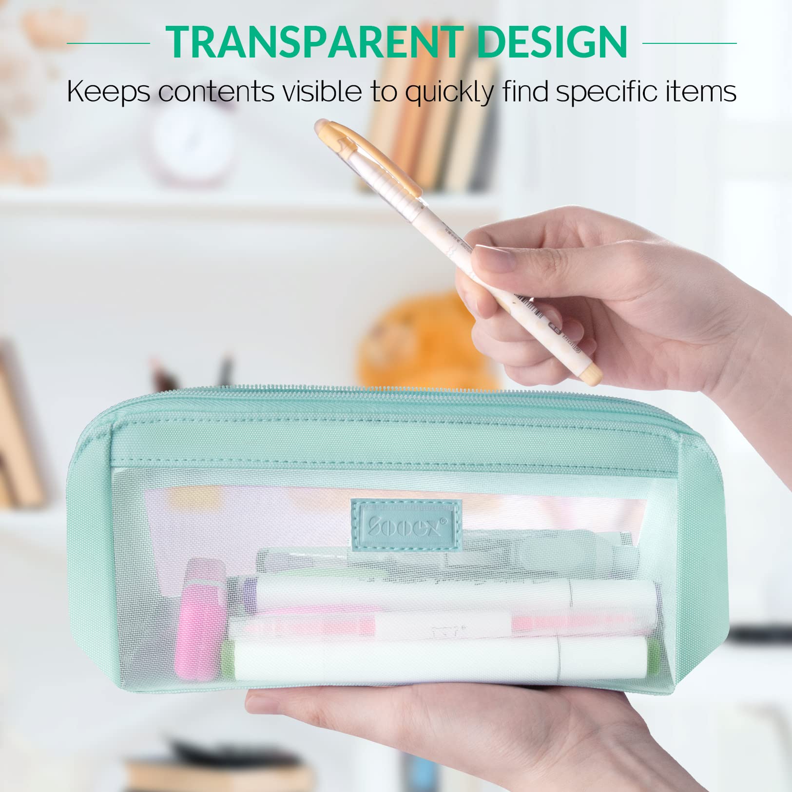 Sooez Large Grid Mesh Pencil Case, Big Capacity Clear Pencil Pouch Pen Bag with Zipper, Cute Stationery Organizer Transparent Makeup Bag for Adult Girls Boys Office School Supplies, Mint Green