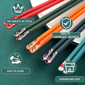 Japanese Style 5 Pairs Fiberglass Chopsticks-Reusable Chopsticks Dishwasher Safe, 9.57 inch/24.3cm Non-Slip Family/ Hotel/ Restaurant Chinese Chop Stick, Gift Set, Dark Green