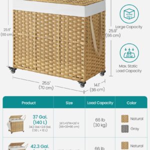 SONGMICS Laundry Hamper with Lid, 42.3 Gallons (160 L), Rolling Laundry Basket with Wheels, 3-Section Synthetic Rattan, Removable Liner, Bedroom, 27.6 x 14.2 x 26 Inches, Natural ULCB365N01