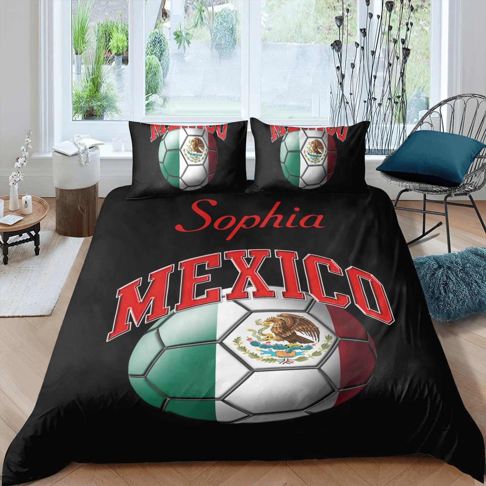 CUXWEOT Mexico Mexican Flag Soccer Ball Custom 3 Piece Bedding Sets King Size Personalized Duvet Cover Set Quilt Cover Besclothes with Name