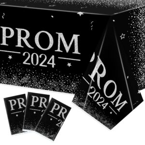 mallmall6 3 pieces prom 2024 silver party tablecloths for graduates congrats graduation party supplies decorations table cloth, plastic table cover black and silver for grad party decors, 86×51 inch