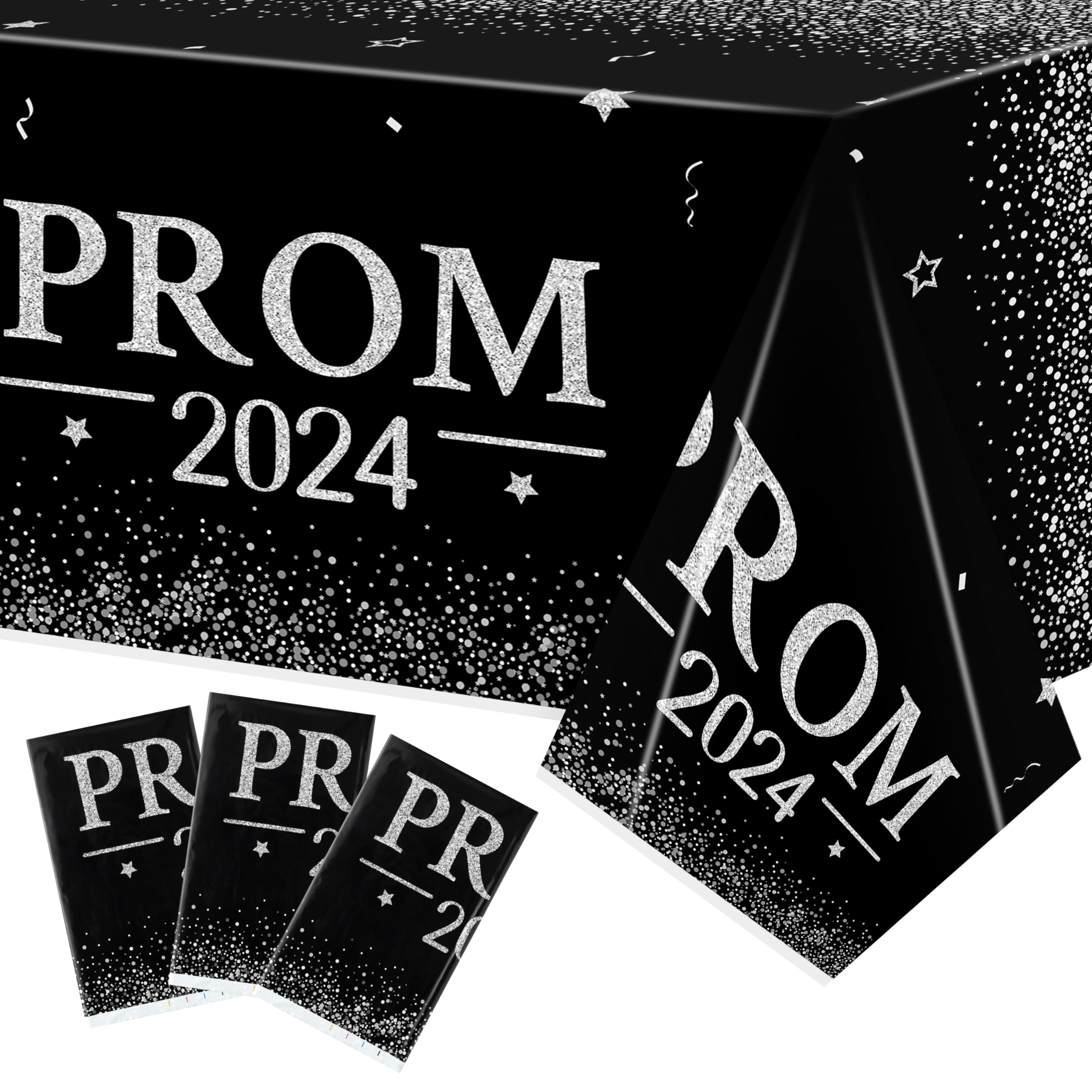 MALLMALL6 3 Pieces Prom 2024 Silver Party Tablecloths for Graduates Congrats Graduation Party Supplies Decorations Table Cloth, Plastic Table Cover Black and Silver for Grad Party Decors, 86×51 inch