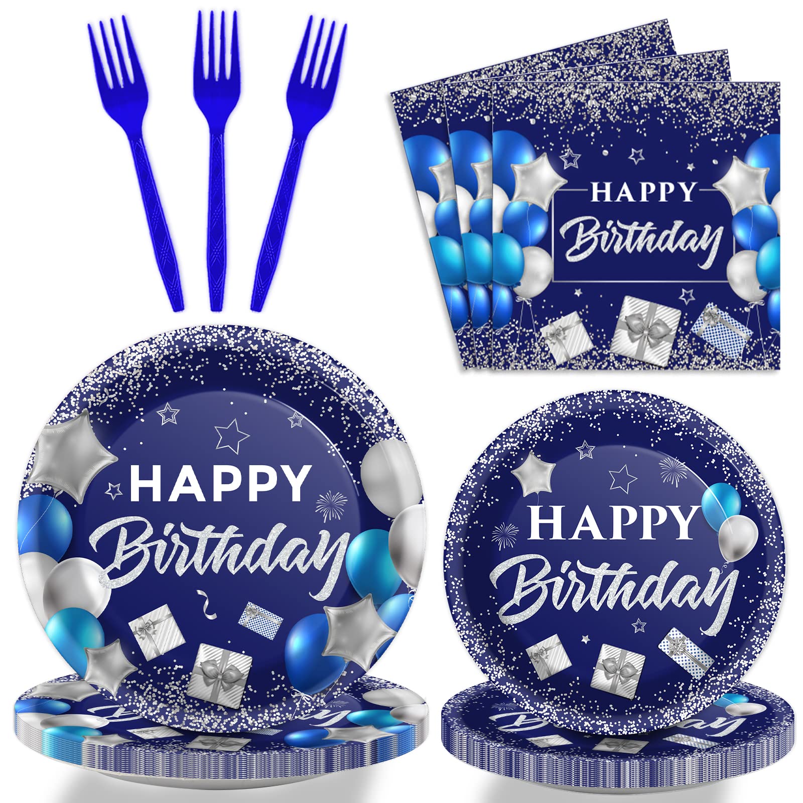 Wiooffen Blue Birthday Party Tableware Set for 24 Guests Navy Blue and Silver Happy Birthday Party Decorations for Men Women Birthday Paper Plates Napkins and Forks 96 Pieces