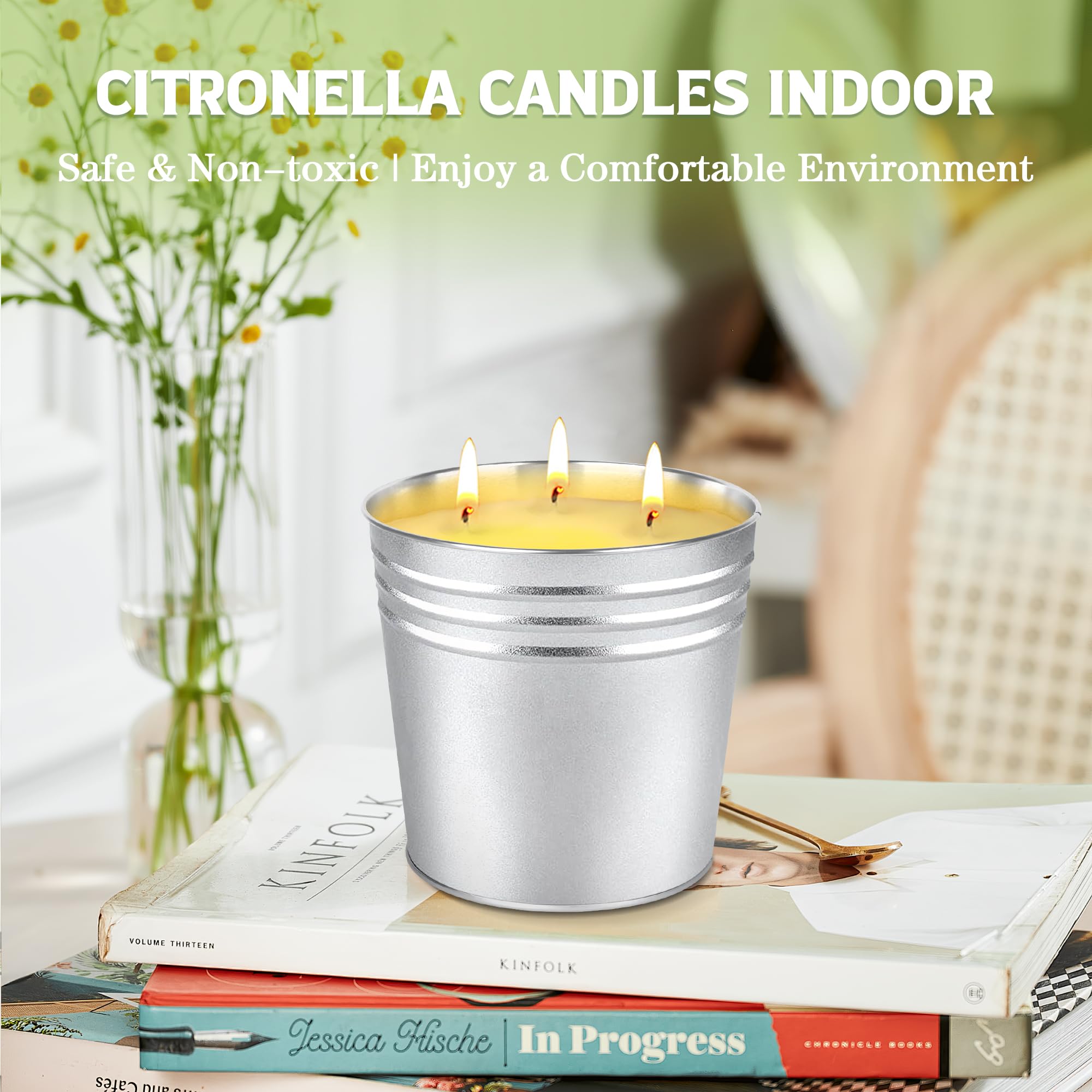 2 Pack Citronella Candles, 3 Wicks 17oz Citronella Candle Outdoor for Home Patio, 160h Long Lasting, Garden Balcony Camping BBQ, Decorative Travel Tin, Natural Soy Wax Jar Candles