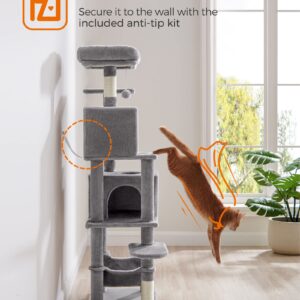 Feandrea Cat Tree, 61-Inch Cat Tower for Indoor Cats, Plush Multi-Level Cat Condo with 5 Scratching Posts, 2 Perches, 2 Caves, Hammock, 2 Pompoms, Light Gray UPCT192W01