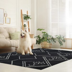 Machine Washable Area Rug Non Slip Backing & Ultra-Thin & Stain Resistant & Eco Friendly & Family and Pet Friendly - Everest Geometric Modern Bordered Black & Creme Design 8'x10'