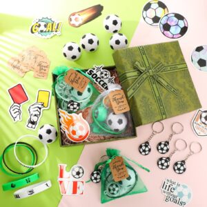 Hungdao 158 Pcs Soccer Party Favors for 18 Kids Includes Mini Bouncy Soccer Keychain Whistle Bracelets Thank You Card Stickers Organza Bag for Soccer Sports Event Classroom Rewards